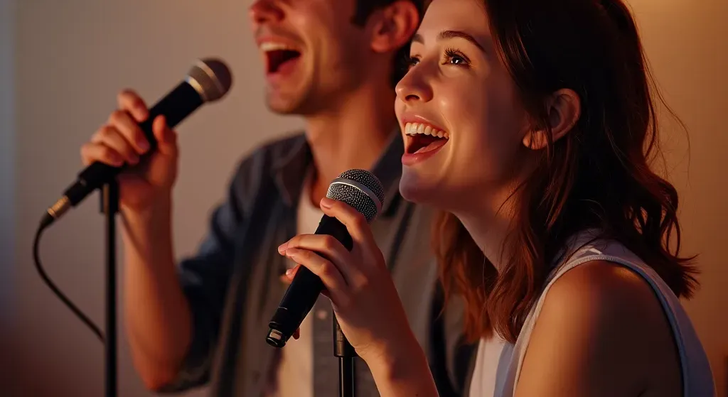 Equipe de empresa se divertindo no karaokê durante confraternização corporativa