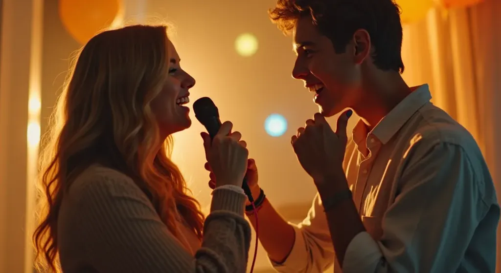 Pessoas se divertindo cantando as melhores músicas de karaokê em uma festa